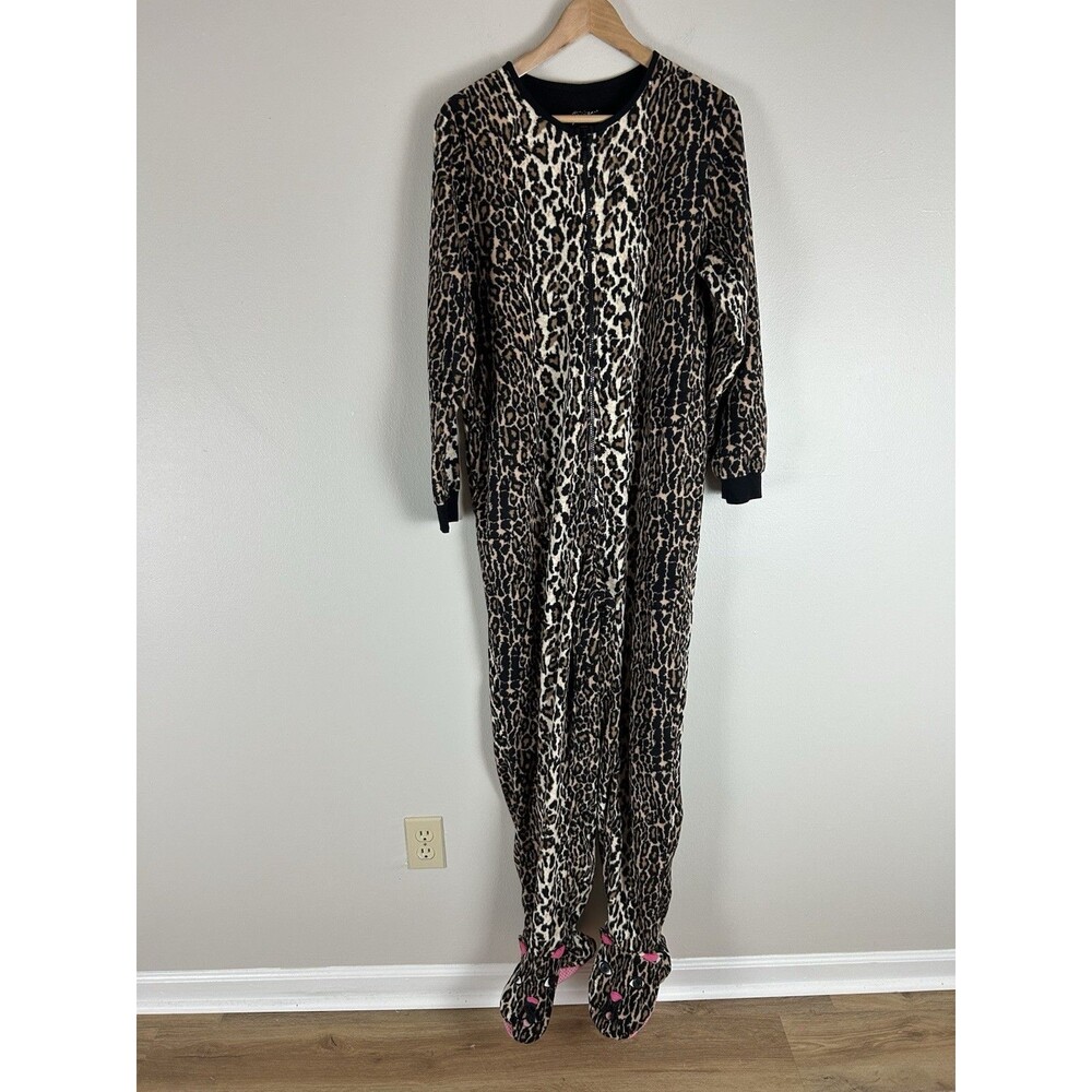 Nick & Nora L Womens Leopard Print Footed Pajamas Jumpsuit One Piece Sleepwear